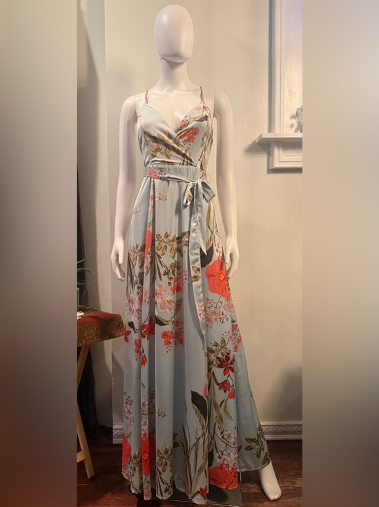 Lulus Dresses & Skirts - Lulu's Light Blue Floral Wrap Maxi Dress with Coral Accents